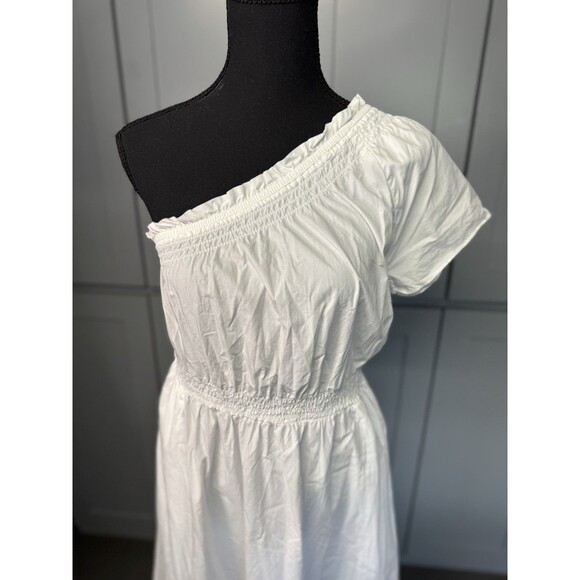 J Crew Smocked Cotton Poplin One-Shoulder Dress White XS Coastal Boho Resortwear - Picture 5 of 13